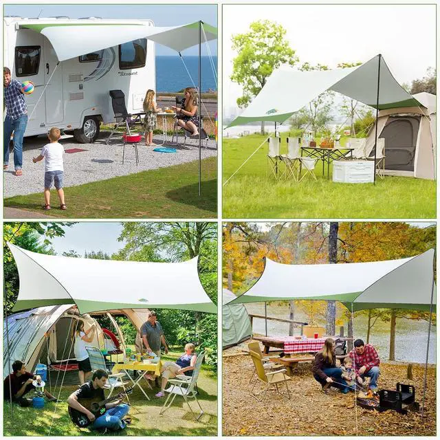 Alt view image 7 of 7 - HOTEEL Camping Tarp Rain Fly, 14×12FT Waterproof Camping Awning with 2 Poles for Tent Hammock Truck, Portable Camping Shade Sun Shelter for Camping, Picnic, Hiking, Backpacking (Green & Grey)