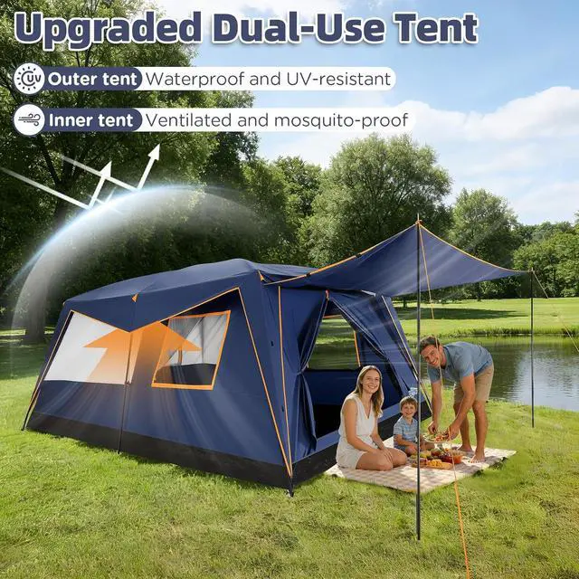 Alt view image 3 of 7 - 10 Person Camping Tent, Rainfly, Waterproof & Windproof, Deep Blue