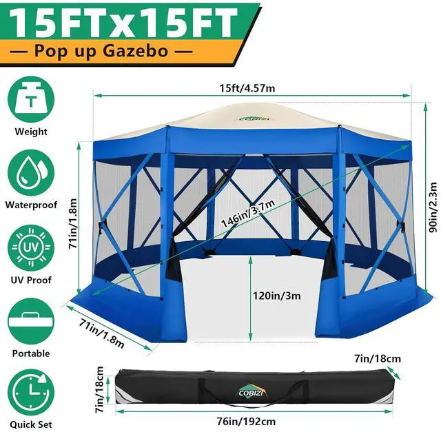 Alt view image 5 of 7 - 15x15 Pop Up Gazebo, Screen Tent with Carry Bag & Stakes, Blue