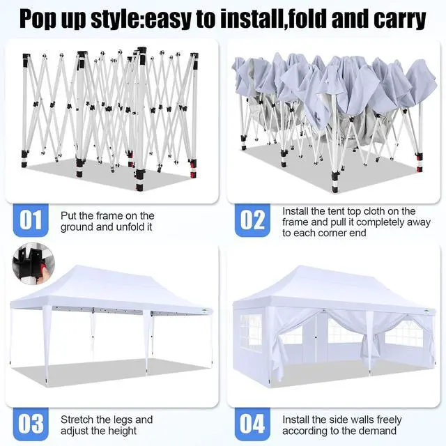 Alt view image 4 of 6 - 10x20 Pop Up Canopy with 6 Sidewall, Commercial Canopy UPF 50+ Waterproof Outdoor Gazebo with Carry Bag, Tents for Parties with Upgrade Frame, 3 Height Adjustable, Arctic White