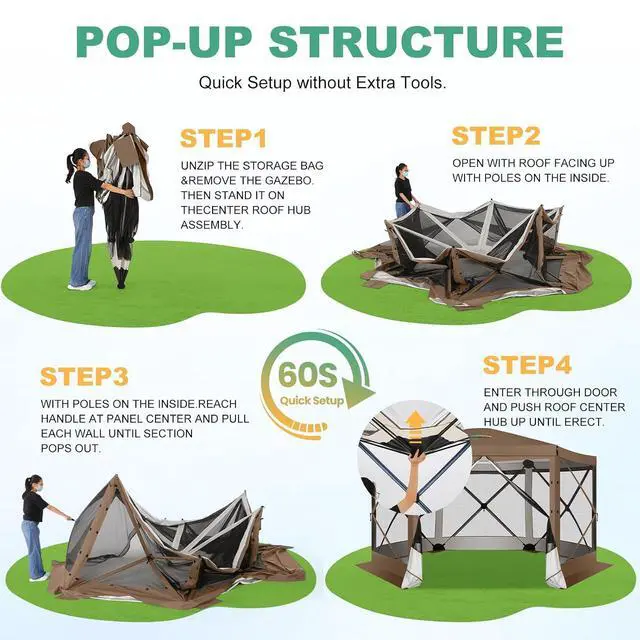 Alt view image 5 of 7 - 12x12 FT Pop Up Canopy Extendable Tent, Gazebos On Clearance with Removable Roof, Screened in Gazebo,Screen Tents Portable carpas para Patio for Outdoor Camping,Backyard, Garden, Brown