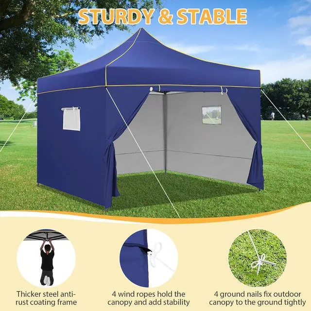 Alt view image 2 of 7 - 10x10 Pop Up Heavy Duty Canopy Tent with 4 Sidewalls, Easy Setup Outdoor Commercial Instant Tent for Parties Events Canopy with Portable Bag, Waterproof & UPF50+ (Dark Blue)