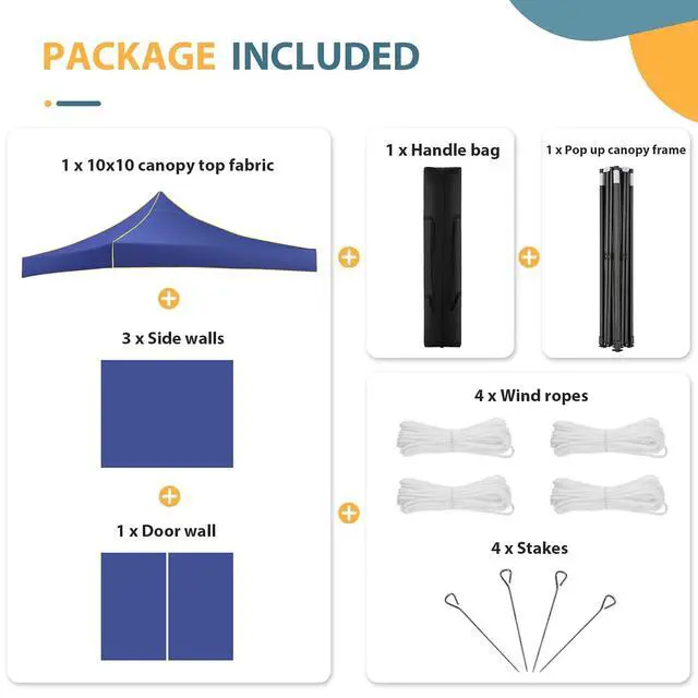 Alt view image 7 of 7 - 10x10 Pop Up Heavy Duty Canopy Tent with 4 Sidewalls, Easy Setup Outdoor Commercial Instant Tent for Parties Events Canopy with Portable Bag, Waterproof & UPF50+ (Dark Blue)