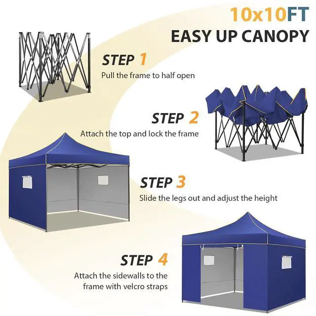 Alt view image 6 of 7 - 10x10 Pop Up Heavy Duty Canopy Tent with 4 Sidewalls, Easy Setup Outdoor Commercial Instant Tent for Parties Events Canopy with Portable Bag, Waterproof & UPF50+ (Dark Blue)