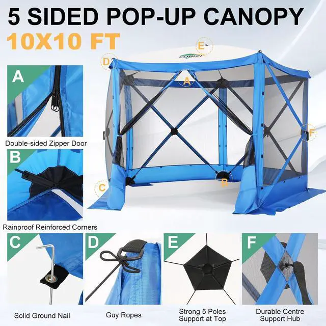 Alt view image 7 of 7 - 10x10 Pop up Gazebo Screen House Tent for Camping with Sidewalls, Pop-up Camping Canopy,Portable Outdoor Quick-Set Hub Tent with Carrying Bag &Ground Stakes,Blue
