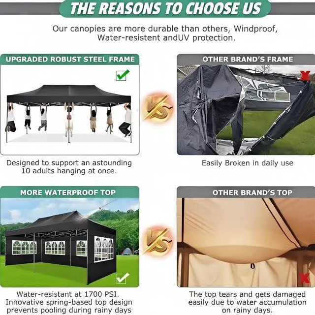 Alt view image 2 of 7 - 10x20 Pop Up Canopy Tent Heavy Duty with 6 Removable Sidewalls, Commercial Heavy Duty Pop Up Canopy for Parties All Weather Waterproof and UV 50+ Wedding Tent with Roller Bag(Black Legs Upgraded)