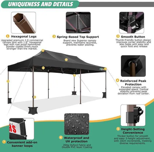 Alt view image 4 of 7 - 10x20 Pop Up Canopy Tent Heavy Duty with 6 Removable Sidewalls, Commercial Heavy Duty Pop Up Canopy for Parties All Weather Waterproof and UV 50+ Wedding Tent with Roller Bag(Black Legs Upgraded)