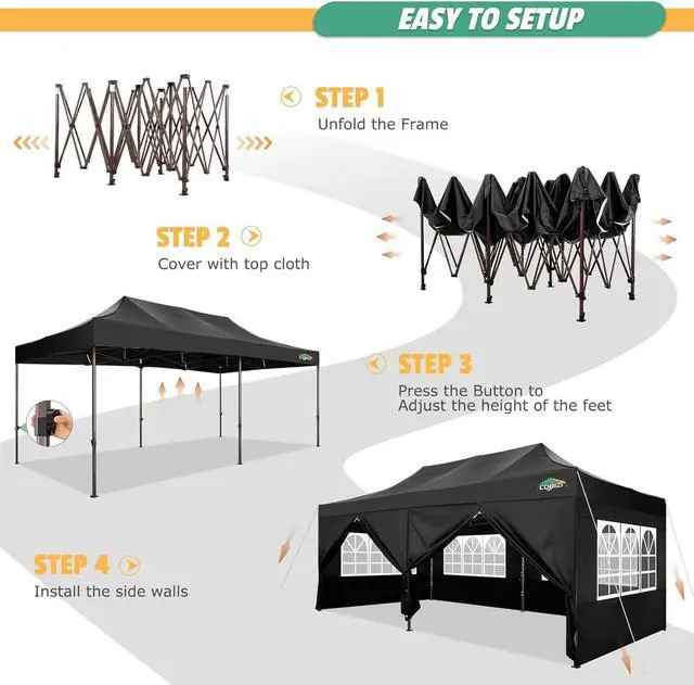 Alt view image 7 of 7 - 10x20 Pop Up Canopy Tent Heavy Duty with 6 Removable Sidewalls, Commercial Heavy Duty Pop Up Canopy for Parties All Weather Waterproof and UV 50+ Wedding Tent with Roller Bag(Black Legs Upgraded)