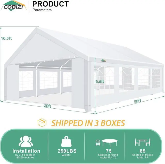Alt view image 3 of 7 - 20x30 Party Tent Heavy Duty for Parties, Powder Coating (Better Than Galvanized), Large Outdoor Gazebo with Removable Sidewall & Built-in Sandbag, Waterproof for Church & Wedding, Pure White