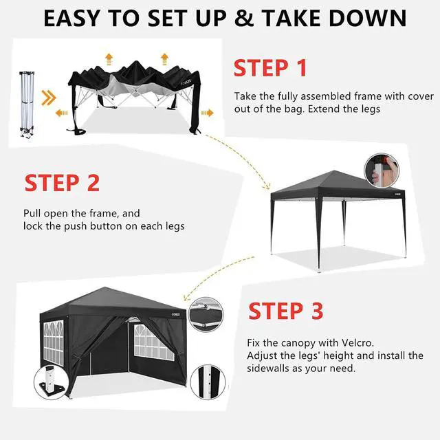 Alt view image 2 of 7 - 10x10 Pop-up Canopy Tent with Sidewalls Outdoor Canopy Garden Gazebo, Water-Resistant Anti-UV Cover (Black, 10x10 with 4 Sides)