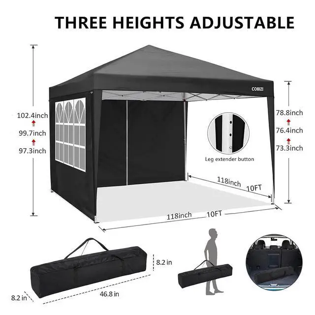 Alt view image 3 of 7 - 10x10 Pop-up Canopy Tent with Sidewalls Outdoor Canopy Garden Gazebo, Water-Resistant Anti-UV Cover (Black, 10x10 with 4 Sides)