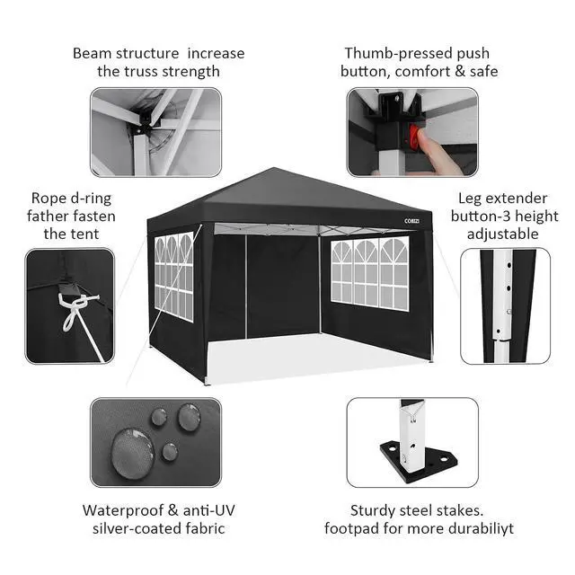 Alt view image 6 of 7 - 10x10 Pop-up Canopy Tent with Sidewalls Outdoor Canopy Garden Gazebo, Water-Resistant Anti-UV Cover (Black, 10x10 with 4 Sides)