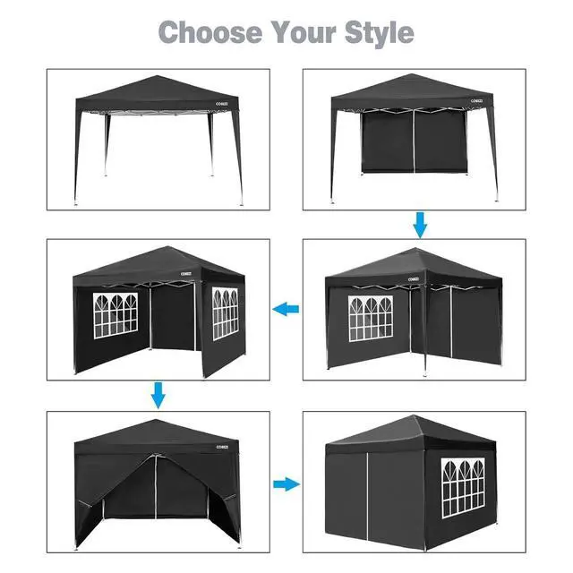 Alt view image 4 of 7 - 10x10 Pop-up Canopy Tent with Sidewalls Outdoor Canopy Garden Gazebo, Water-Resistant Anti-UV Cover (Black, 10x10 with 4 Sides)