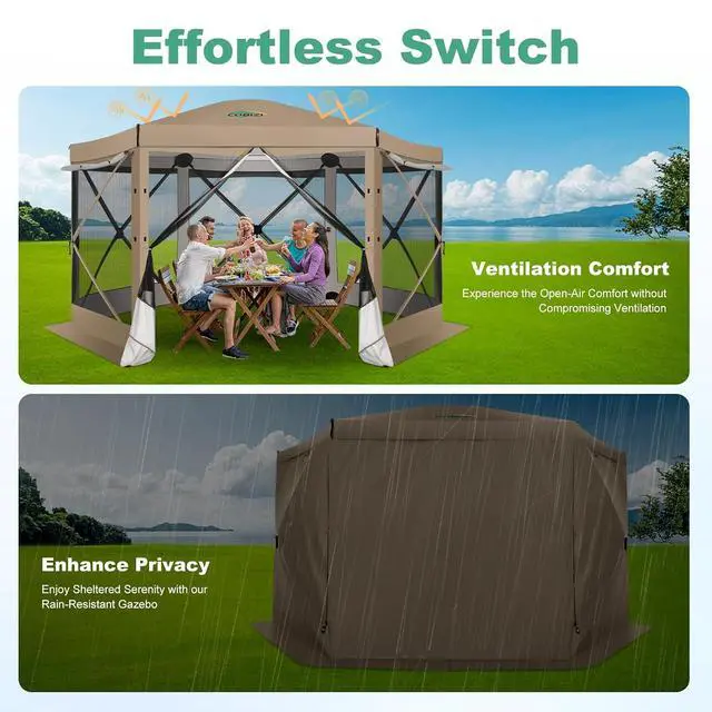 Alt view image 3 of 7 - 12x12 pop up Gazebo on Clearance Screen Tent for Camping, Scalable Sesign Outdoor Canopy Tent with Extension Support Poles & sidewalls,with Portable Carrying Bag and Ground Stakes,Khaki