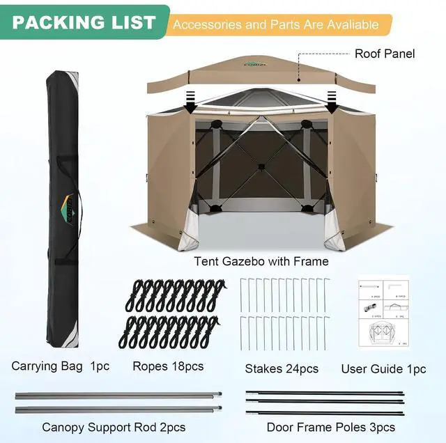 Alt view image 6 of 7 - 12x12 pop up Gazebo on Clearance Screen Tent for Camping, Scalable Sesign Outdoor Canopy Tent with Extension Support Poles & sidewalls,with Portable Carrying Bag and Ground Stakes,Khaki