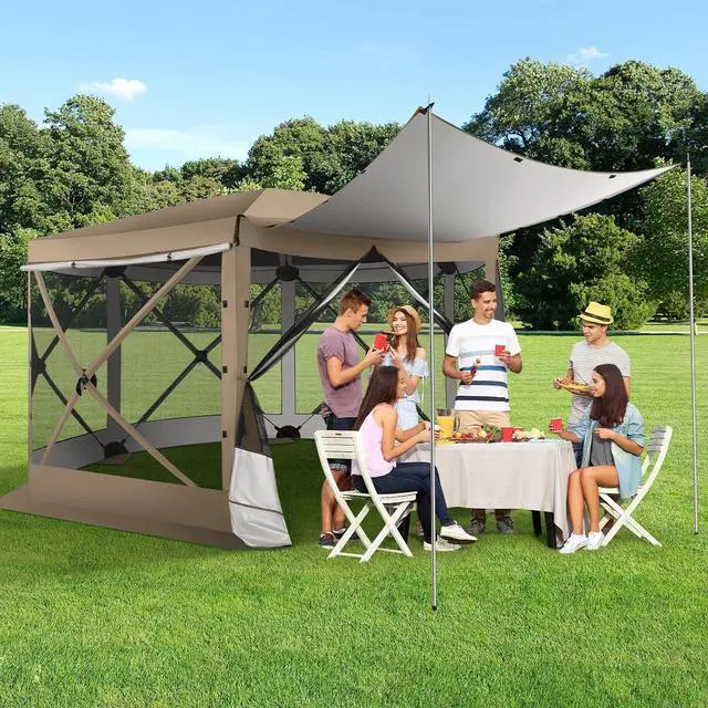Alt view image 2 of 7 - 12x12 pop up Gazebo on Clearance Screen Tent for Camping, Scalable Sesign Outdoor Canopy Tent with Extension Support Poles & sidewalls,with Portable Carrying Bag and Ground Stakes,Khaki