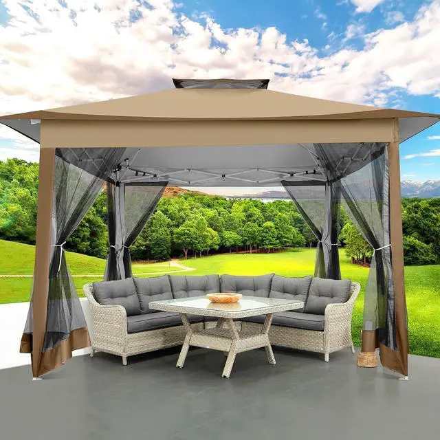 Main image of 12x12 Pop up Gazebo on Clearance with Mosquito Netting,Waterproof Roof & Sandbags,Outdoor Canopy Tent with 4 Ropes,8 Stakes & Carrying Bag,Patio Portable Gazebo for Garden,Backyard & Lawn,Brown