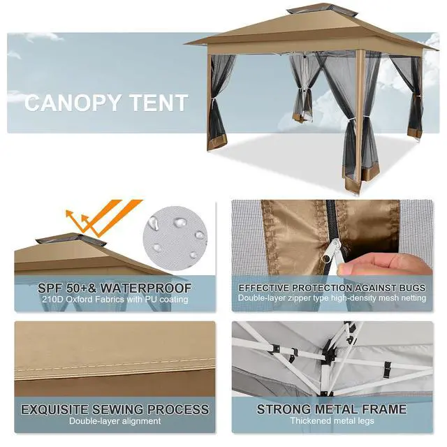 Alt view image 5 of 7 - 12x12 Pop up Gazebo on Clearance with Mosquito Netting,Waterproof Roof & Sandbags,Outdoor Canopy Tent with 4 Ropes,8 Stakes & Carrying Bag,Patio Portable Gazebo for Garden,Backyard & Lawn,Brown