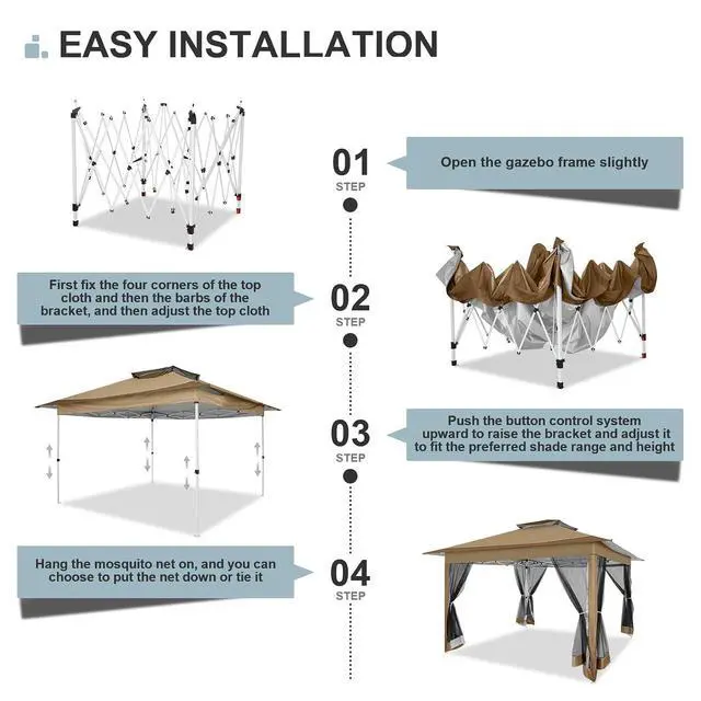 Alt view image 6 of 7 - 12x12 Pop up Gazebo on Clearance with Mosquito Netting,Waterproof Roof & Sandbags,Outdoor Canopy Tent with 4 Ropes,8 Stakes & Carrying Bag,Patio Portable Gazebo for Garden,Backyard & Lawn,Brown