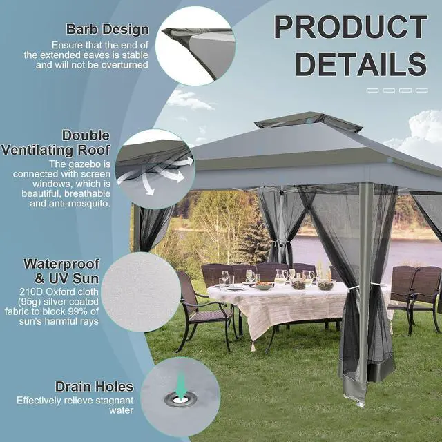 Alt view image 3 of 7 - 12x12 Pop up Gazebo On Clearance with Mosquito Netting,Waterproof Roof & Sandbags,Outdoor Canopy Tent with 4 Ropes,8 Stakes,Carrying Bag,Patio Portable Gazebo for Garden,Backyard,Lawn,Darkgrey