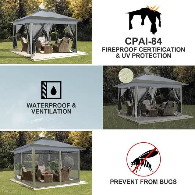 Alt view image 4 of 7 - 12x12 Pop up Gazebo On Clearance with Mosquito Netting,Waterproof Roof & Sandbags,Outdoor Canopy Tent with 4 Ropes,8 Stakes,Carrying Bag,Patio Portable Gazebo for Garden,Backyard,Lawn,Darkgrey
