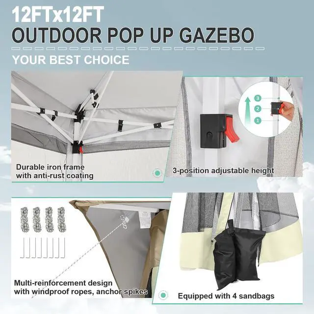 Alt view image 3 of 7 - 12x12 Pop up Gazebo on Clearance with Mosquito Netting & Sandbags, Outdoor Canopy Tent with 4 Ropes 8 Stakes & Portable Carrying Bag, Patio Portable Gazebo for Garden Backyard & Lawn,Khaki