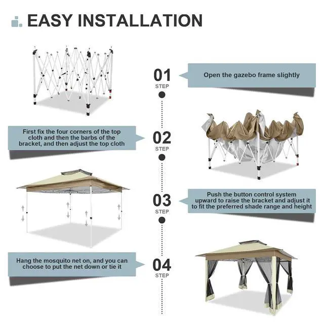 Alt view image 5 of 7 - 12x12 Pop up Gazebo on Clearance with Mosquito Netting & Sandbags, Outdoor Canopy Tent with 4 Ropes 8 Stakes & Portable Carrying Bag, Patio Portable Gazebo for Garden Backyard & Lawn,Khaki