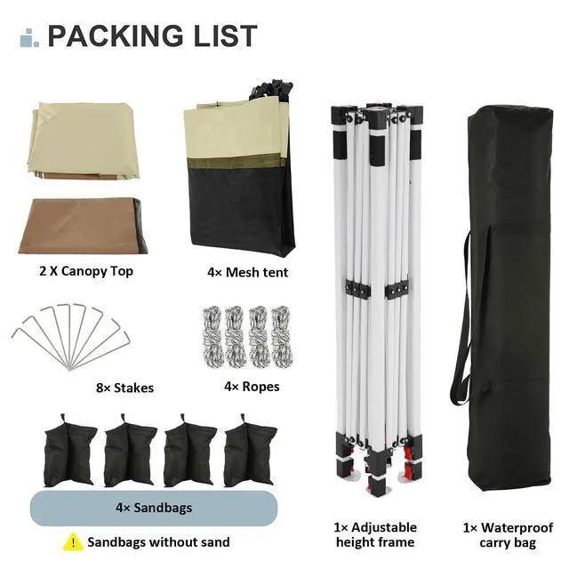 Alt view image 7 of 7 - 12x12 Pop up Gazebo on Clearance with Mosquito Netting & Sandbags, Outdoor Canopy Tent with 4 Ropes 8 Stakes & Portable Carrying Bag, Patio Portable Gazebo for Garden Backyard & Lawn,Khaki