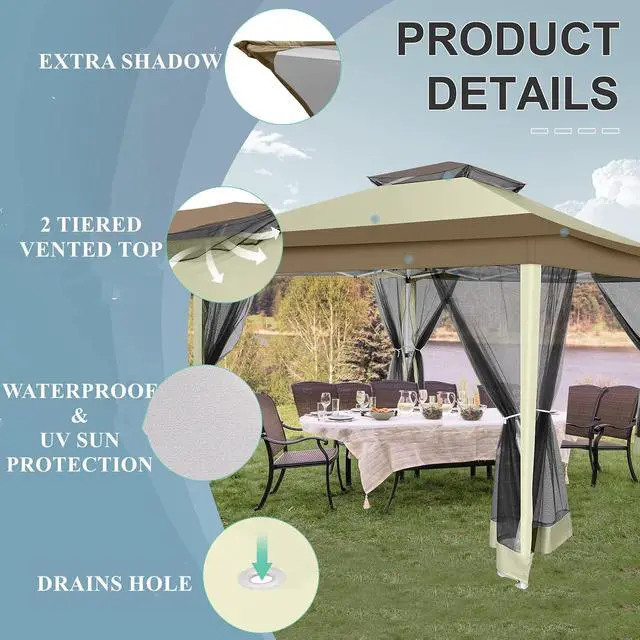 Alt view image 6 of 7 - 12x12 Pop up Gazebo on Clearance with Mosquito Netting & Sandbags, Outdoor Canopy Tent with 4 Ropes 8 Stakes & Portable Carrying Bag, Patio Portable Gazebo for Garden Backyard & Lawn,Khaki
