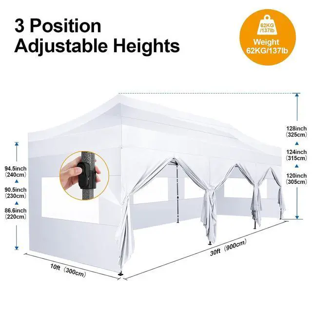 Alt view image 4 of 7 - 10x30 Heavy Duty Instant Pop up Canopy, Party Wedding Tent Canopy, Folding Heavy Duty Gazebos Outdoor Tents with 8 Removable Sidewalls and Roller Bag for Commercial, Parties, Flea Market