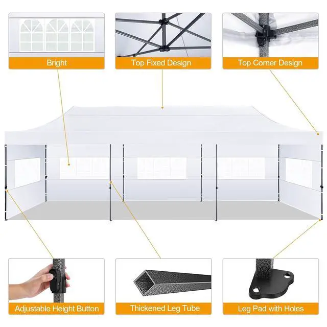 Alt view image 2 of 7 - 10x30 Heavy Duty Instant Pop up Canopy, Party Wedding Tent Canopy, Folding Heavy Duty Gazebos Outdoor Tents with 8 Removable Sidewalls and Roller Bag for Commercial, Parties, Flea Market
