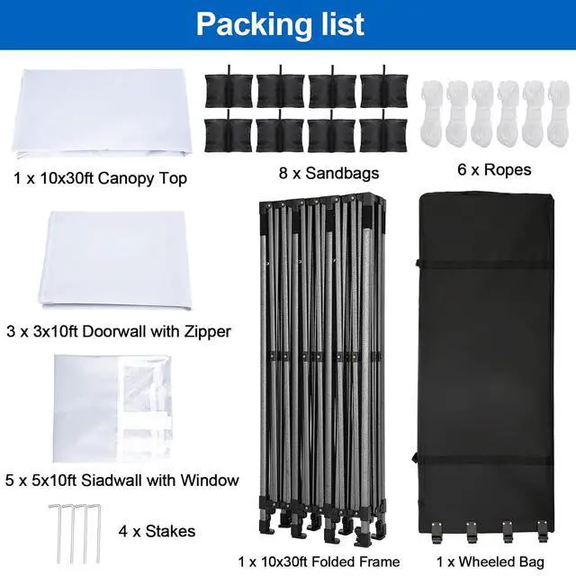 Alt view image 6 of 7 - 10x30 Heavy Duty Instant Pop up Canopy, Party Wedding Tent Canopy, Folding Heavy Duty Gazebos Outdoor Tents with 8 Removable Sidewalls and Roller Bag for Commercial, Parties, Flea Market