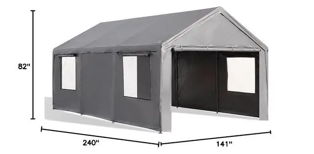 Alt view image 2 of 2 - 12x20ft Carport Heavy Duty, Portable Garage with Removable Sidewalls, Ventilated Windows & Built-in Sandbags, Waterproof Car Canopy for Truck, Boat, SUV with All-Season Tarp, Gray