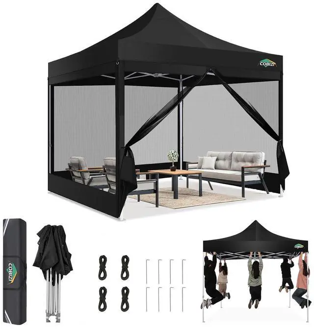 Main image of 10x10 Pop Up Canopy, Heavy Duty Gazebo with 4 Mesh Sidewalls, Waterproof 420D Oxford Screen House, UPF 50+ UV Protection, Adjustable Height, Portable for Parties, Market, Backyard (Black)