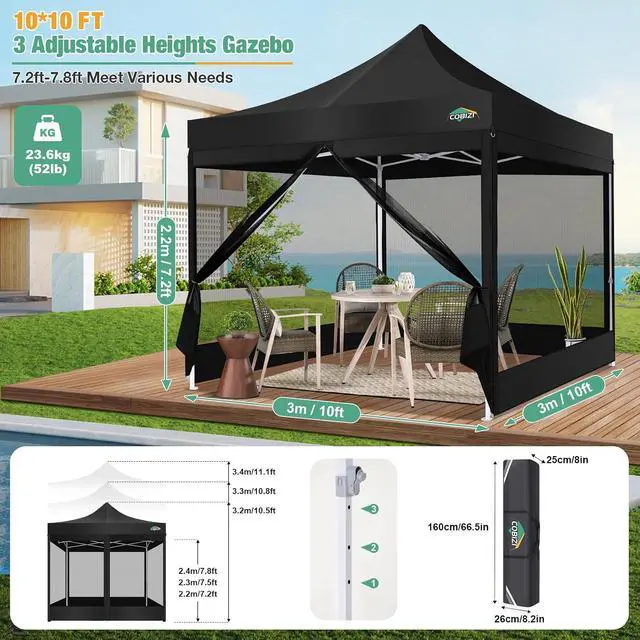 Alt view image 3 of 7 - 10x10 Pop Up Canopy, Heavy Duty Gazebo with 4 Mesh Sidewalls, Waterproof 420D Oxford Screen House, UPF 50+ UV Protection, Adjustable Height, Portable for Parties, Market, Backyard (Black)