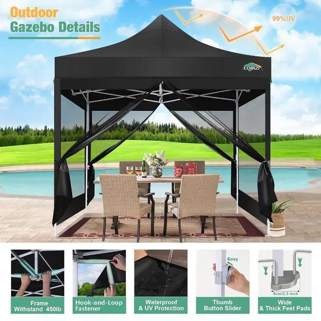 Alt view image 2 of 7 - 10x10 Pop Up Canopy, Heavy Duty Gazebo with 4 Mesh Sidewalls, Waterproof 420D Oxford Screen House, UPF 50+ UV Protection, Adjustable Height, Portable for Parties, Market, Backyard (Black)