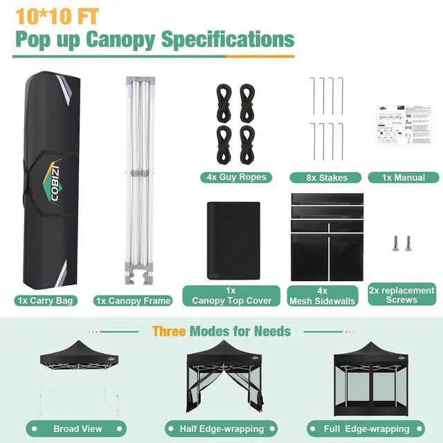 Alt view image 5 of 7 - 10x10 Pop Up Canopy, Heavy Duty Gazebo with 4 Mesh Sidewalls, Waterproof 420D Oxford Screen House, UPF 50+ UV Protection, Adjustable Height, Portable for Parties, Market, Backyard (Black)