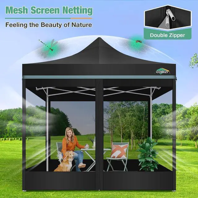 Alt view image 6 of 7 - 10x10 Pop Up Canopy, Heavy Duty Gazebo with 4 Mesh Sidewalls, Waterproof 420D Oxford Screen House, UPF 50+ UV Protection, Adjustable Height, Portable for Parties, Market, Backyard (Black)