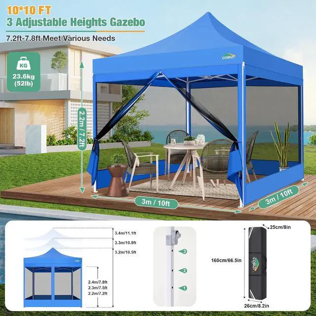 Alt view image 5 of 5 - Canopy Tent 10x10 Heavy Duty, Pop Up Gazebo with Netting Screened, Waterproof Ez up Canopy with Sidewalls, Outdoor Instant Screen House Tent for Party, Backyard, Wedding, Birthday, Blue