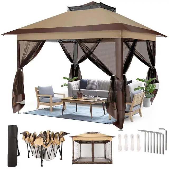 Main image of 10x10 Pop Up Gazebos on Clearance 11x11 Canopy Tent Easy Up Outdoor Gazebo Waterproof Portable Gazebo with Mosquito Nettings, Double Vented Roof and Carry Bag for Patio Garden Lawn(Coffee)