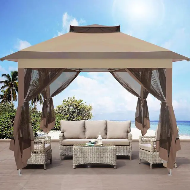 Alt view image 2 of 7 - 10x10 Pop Up Gazebos on Clearance 11x11 Canopy Tent Easy Up Outdoor Gazebo Waterproof Portable Gazebo with Mosquito Nettings, Double Vented Roof and Carry Bag for Patio Garden Lawn(Coffee)