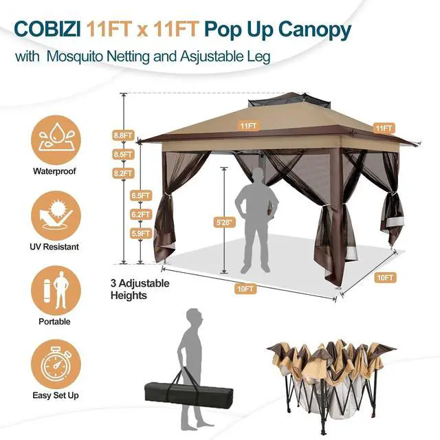 Alt view image 3 of 7 - 10x10 Pop Up Gazebos on Clearance 11x11 Canopy Tent Easy Up Outdoor Gazebo Waterproof Portable Gazebo with Mosquito Nettings, Double Vented Roof and Carry Bag for Patio Garden Lawn(Coffee)