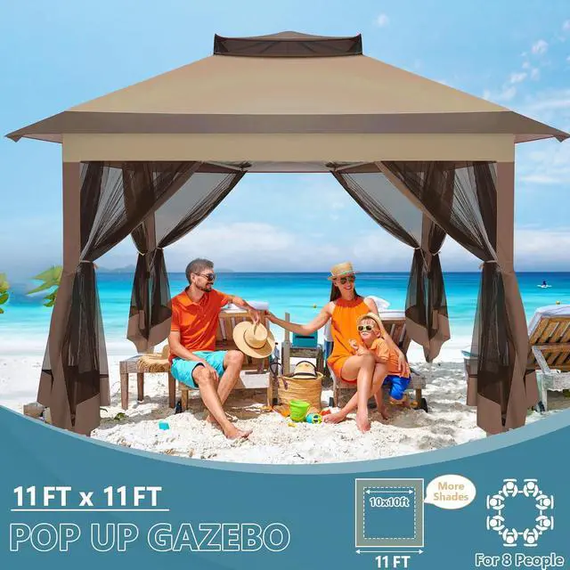 Alt view image 4 of 7 - 10x10 Pop Up Gazebos on Clearance 11x11 Canopy Tent Easy Up Outdoor Gazebo Waterproof Portable Gazebo with Mosquito Nettings, Double Vented Roof and Carry Bag for Patio Garden Lawn(Coffee)