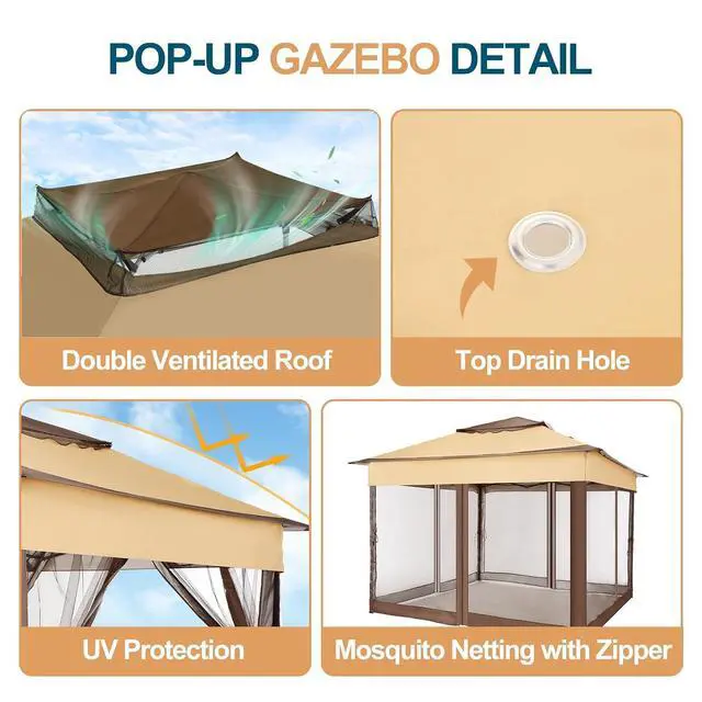 Alt view image 6 of 7 - 10x10 Pop Up Gazebos on Clearance 11x11 Canopy Tent Easy Up Outdoor Gazebo Waterproof Portable Gazebo with Mosquito Nettings, Double Vented Roof and Carry Bag for Patio Garden Lawn(Coffee)