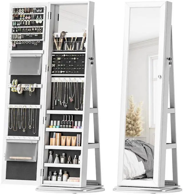 Main image of 360° Swivel Jewelry Cabinet Lockable with Full-Length Mirror White | Jewelry Armoire Organizer, Back Storage Shelves, Interior Small Mirror, Bedroom Living Room