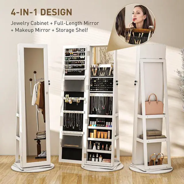 Alt view image 3 of 7 - 360° Swivel Jewelry Cabinet Lockable with Full-Length Mirror White | Jewelry Armoire Organizer, Back Storage Shelves, Interior Small Mirror, Bedroom Living Room