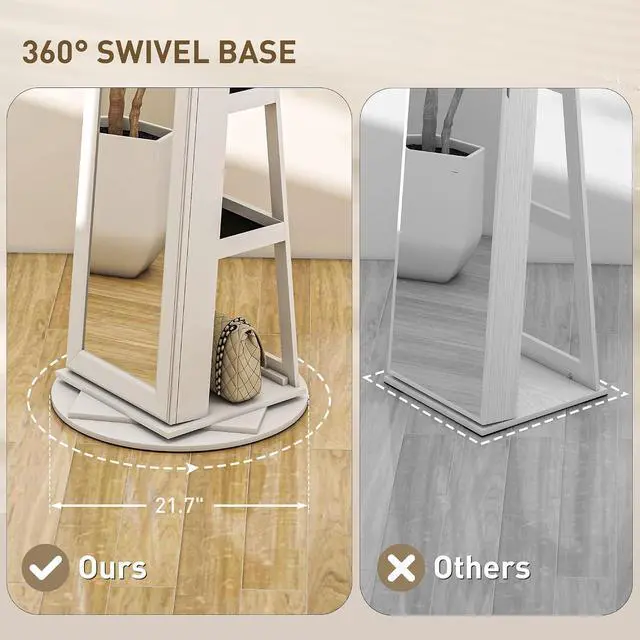 Alt view image 4 of 7 - 360° Swivel Jewelry Cabinet Lockable with Full-Length Mirror White | Jewelry Armoire Organizer, Back Storage Shelves, Interior Small Mirror, Bedroom Living Room