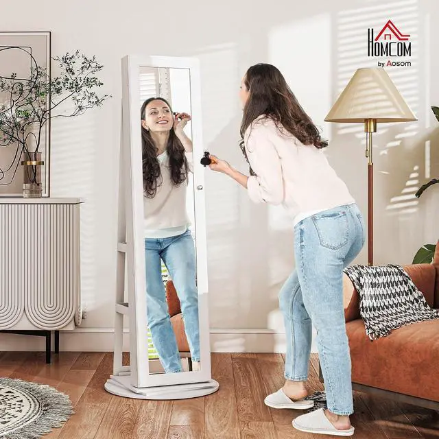 Alt view image 2 of 7 - 360° Swivel Jewelry Cabinet Lockable with Full-Length Mirror White | Jewelry Armoire Organizer, Back Storage Shelves, Interior Small Mirror, Bedroom Living Room