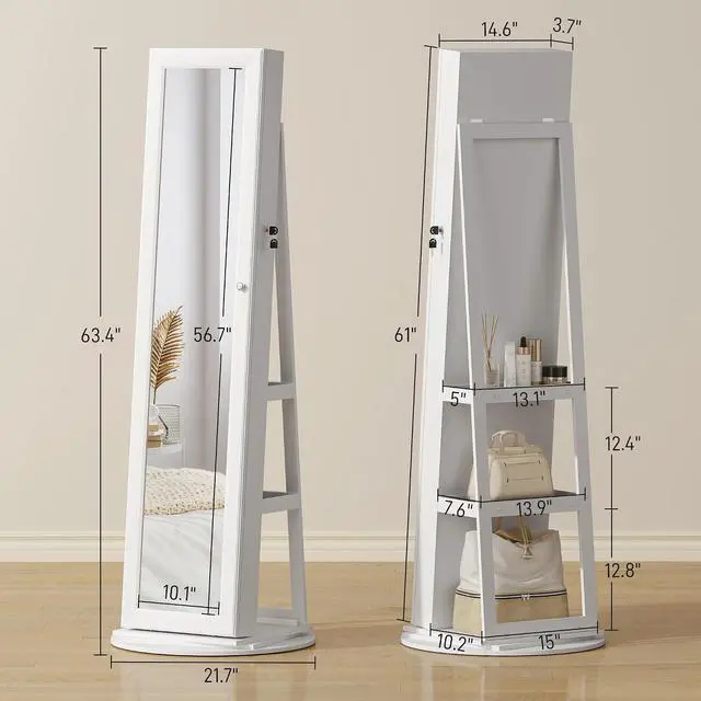Alt view image 7 of 7 - 360° Swivel Jewelry Cabinet Lockable with Full-Length Mirror White | Jewelry Armoire Organizer, Back Storage Shelves, Interior Small Mirror, Bedroom Living Room