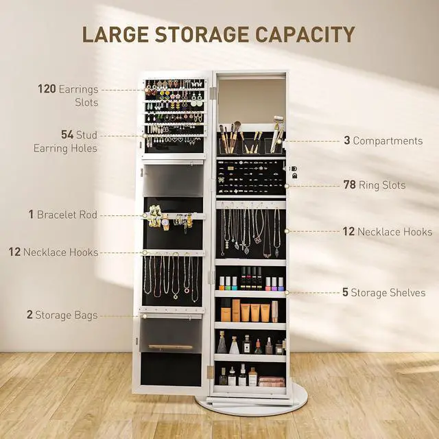 Alt view image 5 of 7 - 360° Swivel Jewelry Cabinet Lockable with Full-Length Mirror White | Jewelry Armoire Organizer, Back Storage Shelves, Interior Small Mirror, Bedroom Living Room